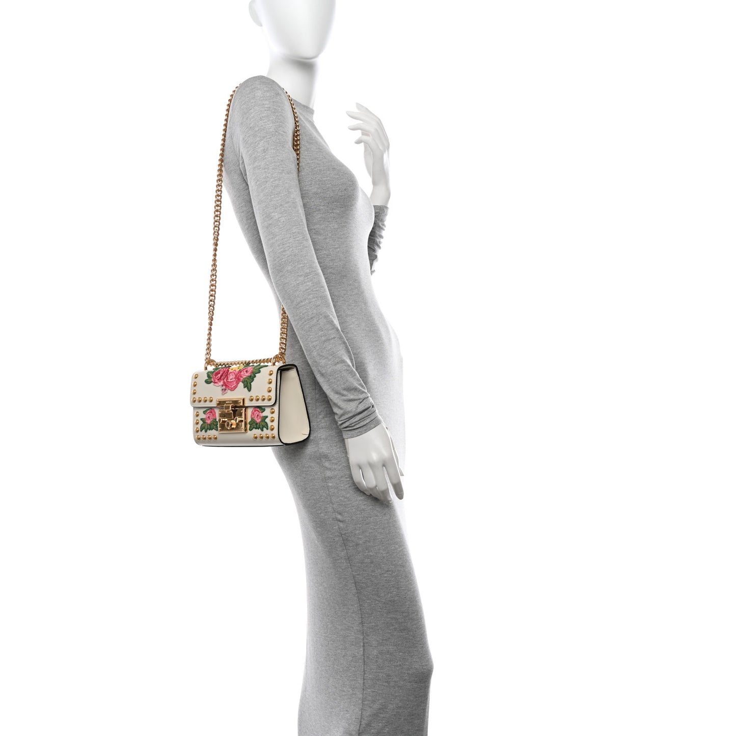 Calfskin Floral Embroidered Small Padlock Shoulder Bag White