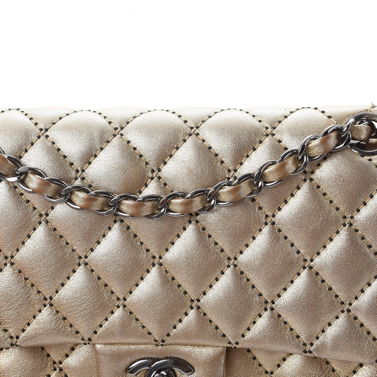 Metallic Lambskin Quilted Stitch Medium Double Flap Light Gold