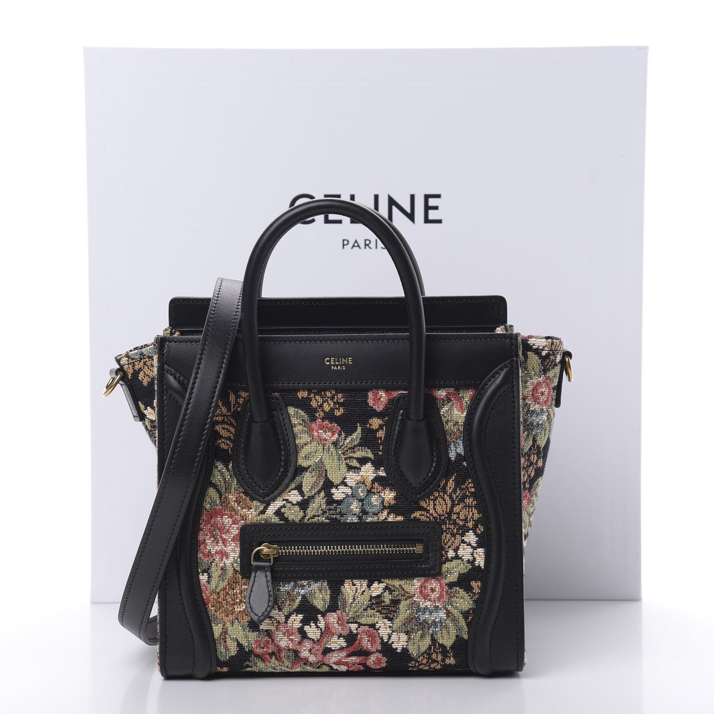 Calfskin Lambskin Canvas Jacquard Floral Nano Luggage Black