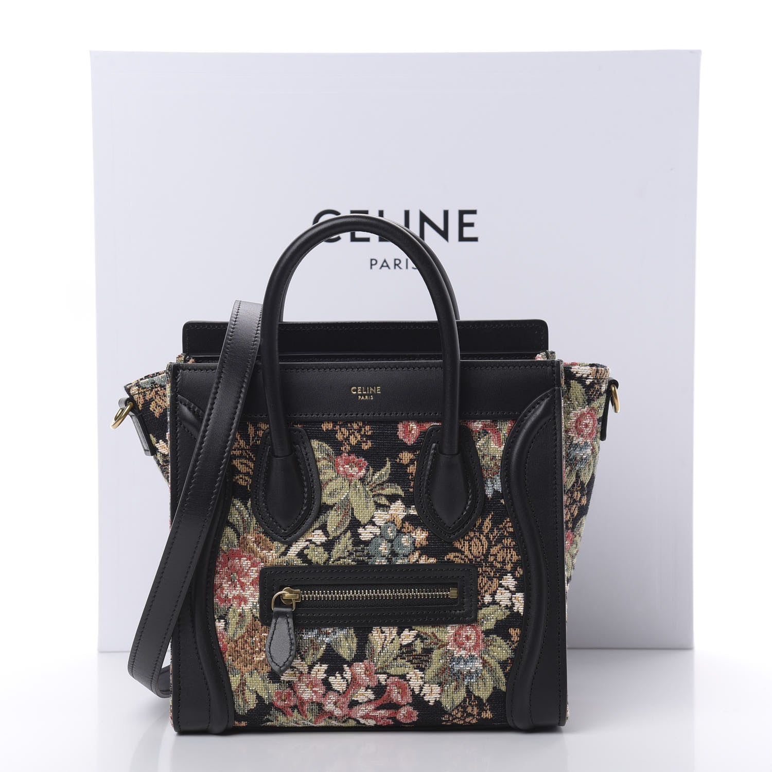 Celine Calfskin Lambskin Canvas Jacquard Floral Nano Luggage Black 12 of 12