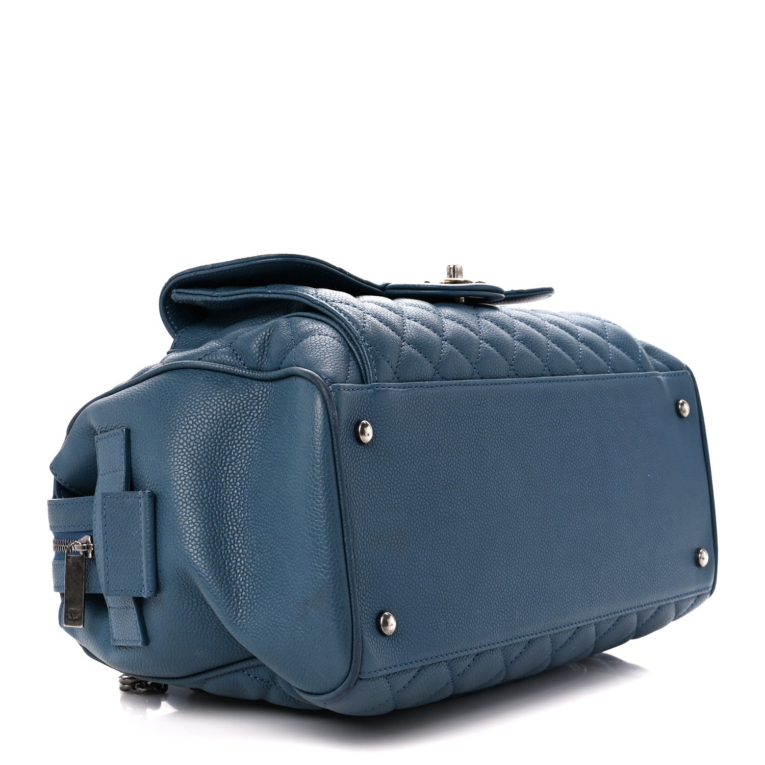 Chanel Grained Calfskin Quilted Large Casual Pocket Bowling Bag Blue 4 of 16