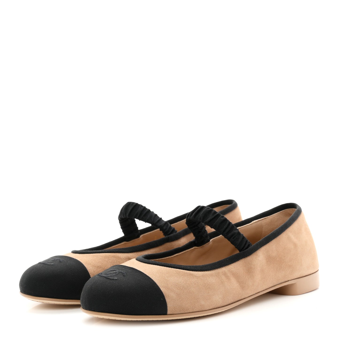 Suede Kidskin Grosgrain Mary Jane Flats 41 Beige Black