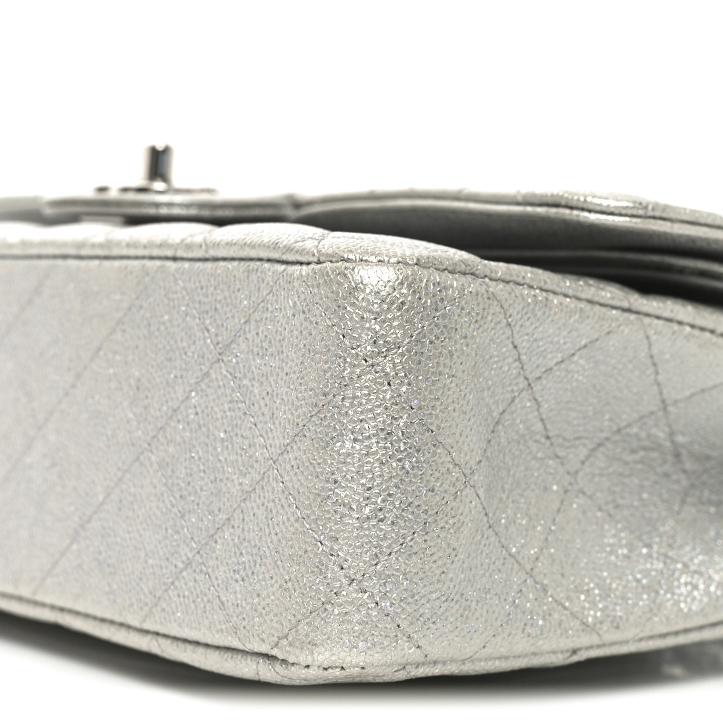 Glittered Metallic Caviar Quilted Medium Double Flap Silver