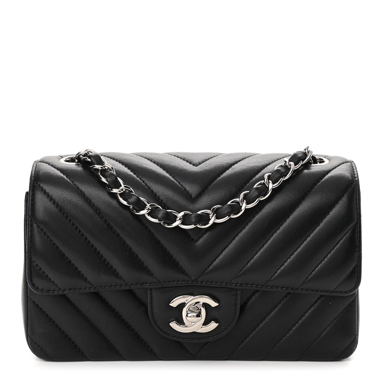 Lambskin Chevron Quilted Mini Rectangular Flap Black