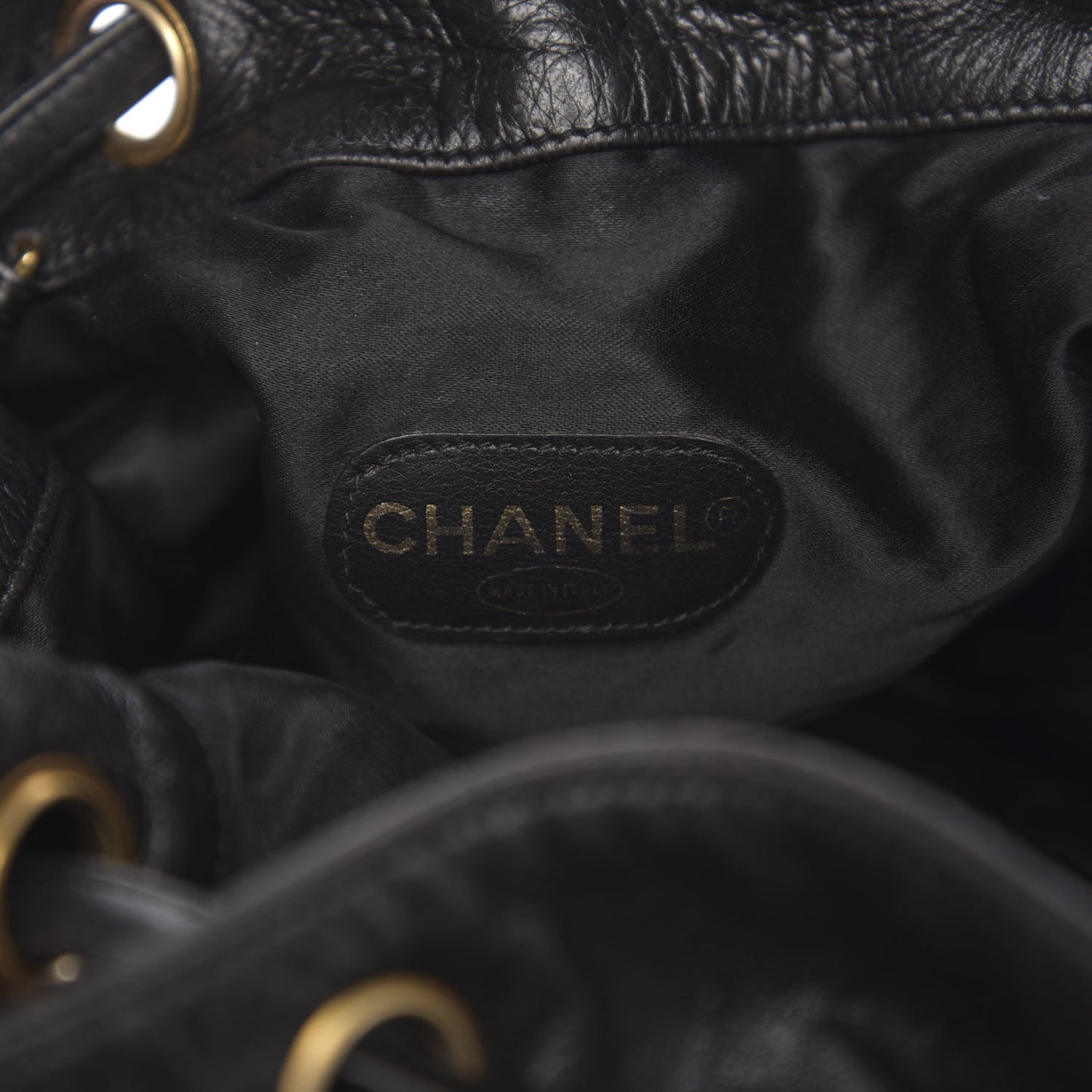 Lambskin CC Stitched Drawstring Bucket Bag Black