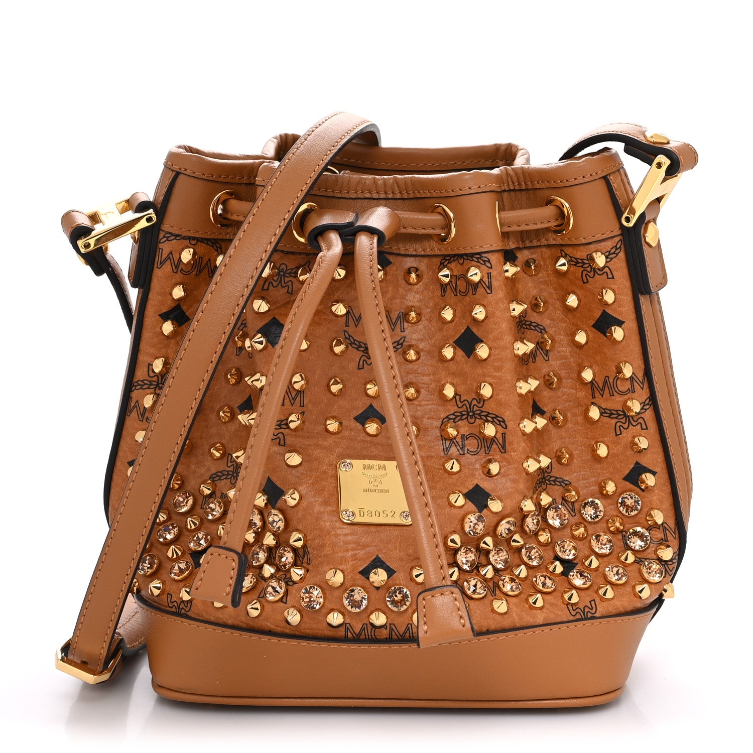 MCM Visetos Swarovski Crystal Studded Mini Drawstring Bucket Bag Cognac 1 of 12