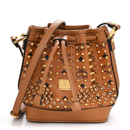 MCM Visetos Swarovski Crystal Studded Mini Drawstring Bucket Bag Cognac 1 of 12