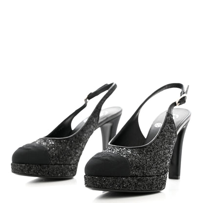 Chanel Glitter Grosgrain Cap Toe CC Slingback Pumps 37.5 Black 3 of 9