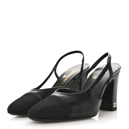 Chanel Goatskin Grosgrain Cap Toe CC Slingback Pumps 36 Black 4 of 10