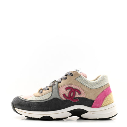 Chanel Fabric Suede Calfskin CC Sneakers 36.5 Pink Beige Multicolor 1 of 13