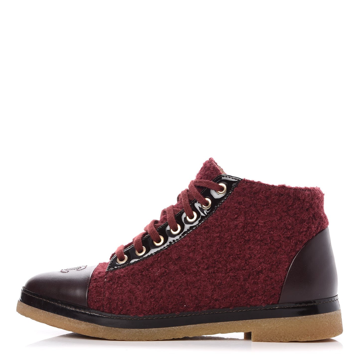 Tweed Calfskin CC Lace Up Short Boots 39.5 Burgundy