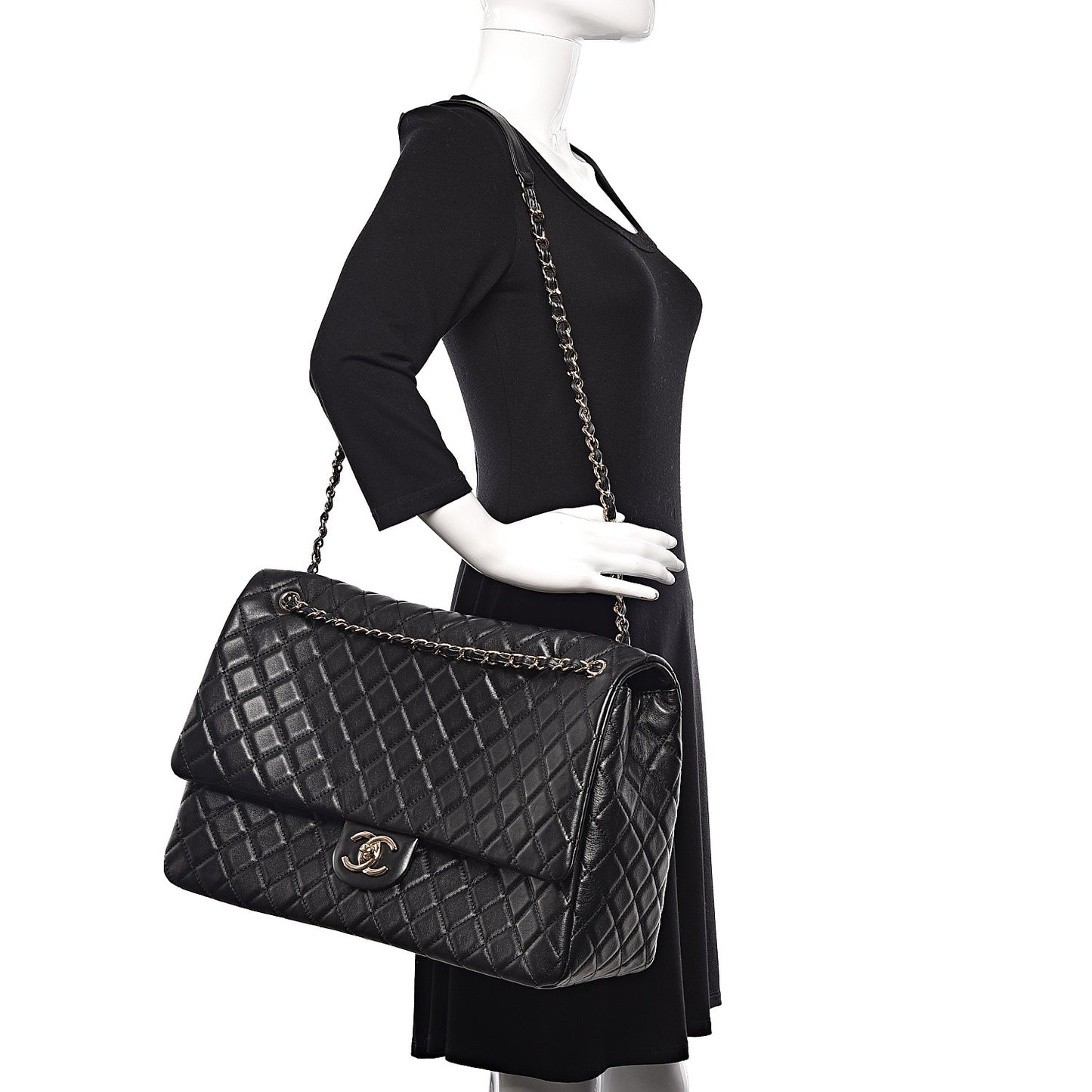 Calfskin Quilted XXL Travel Flap Bag Black