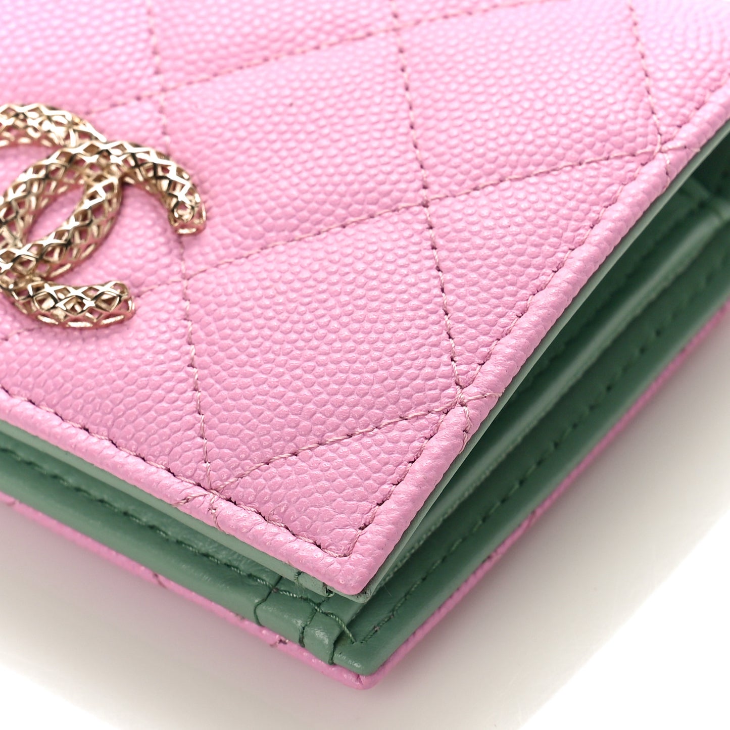 Caviar Metal Perforated Quilted CC Compact Bi-Fold Flap Wallet Lilac Light Green