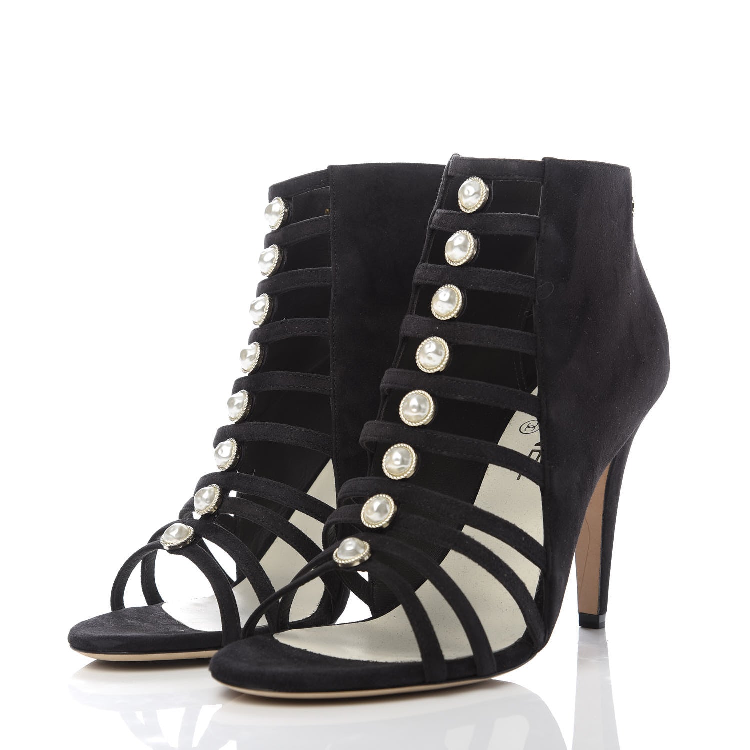 Chanel Suede Pearl Open Toe Caged Ankle Boots 39.5 Dark Grey 3 of 10