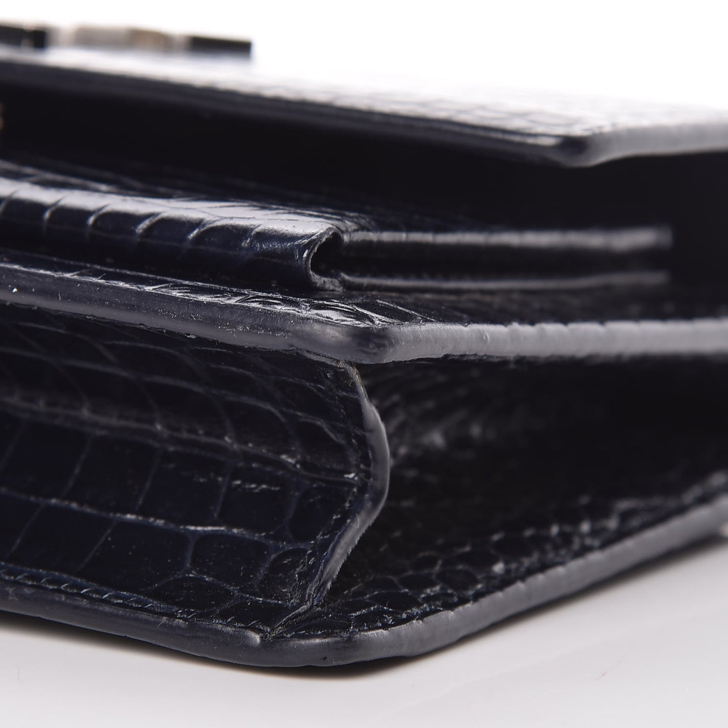 Calfskin Crocodile Embossed Monogram Sunset Chain Wallet Navy