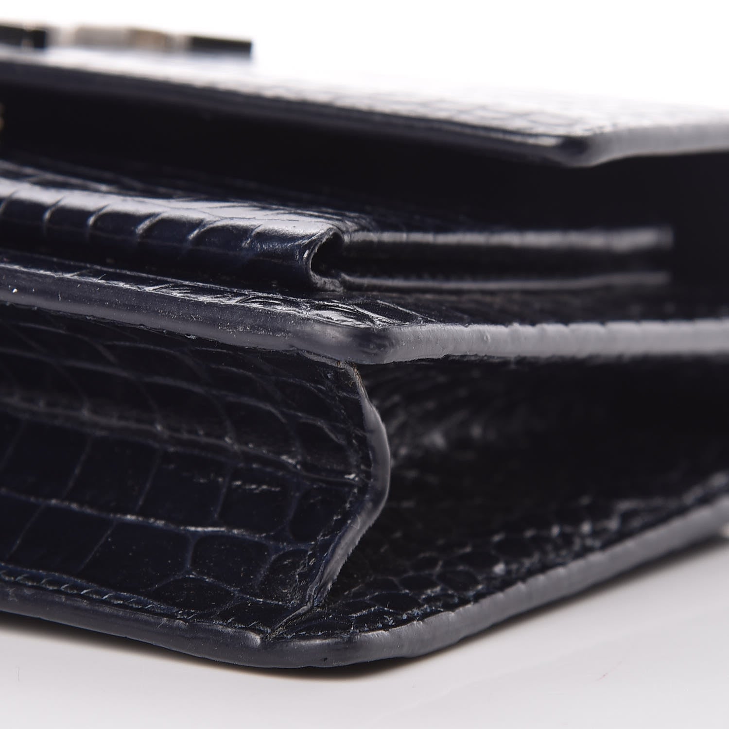 Saint Laurent Calfskin Crocodile Embossed Monogram Sunset Chain Wallet Navy 13 of 13