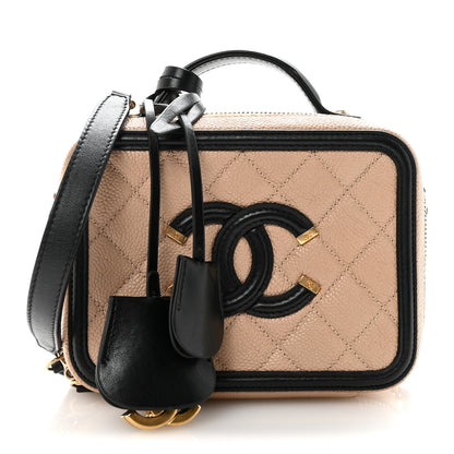 Chanel Caviar Quilted Small CC Filigree Vanity Case Beige Black 1 of 9