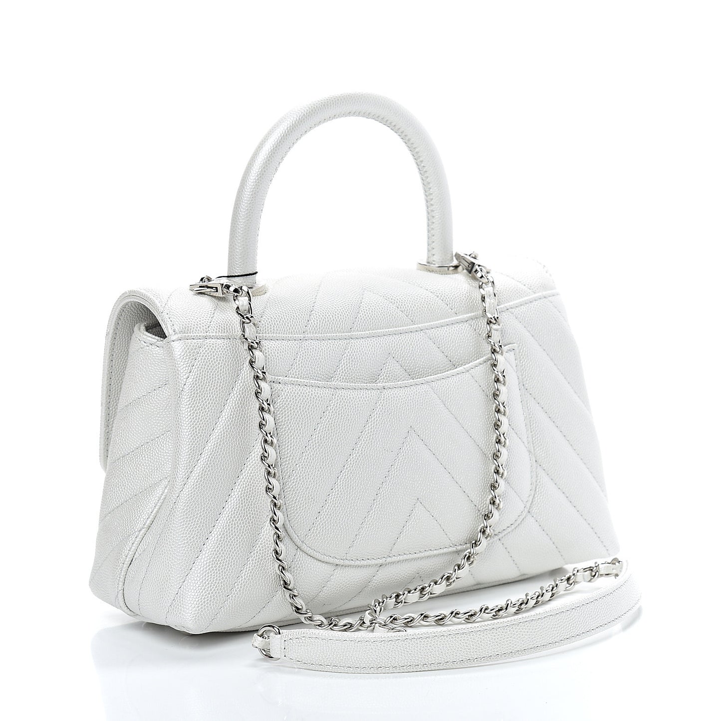 Iridescent Caviar Chevron Quilted Mini Coco Handle Flap White