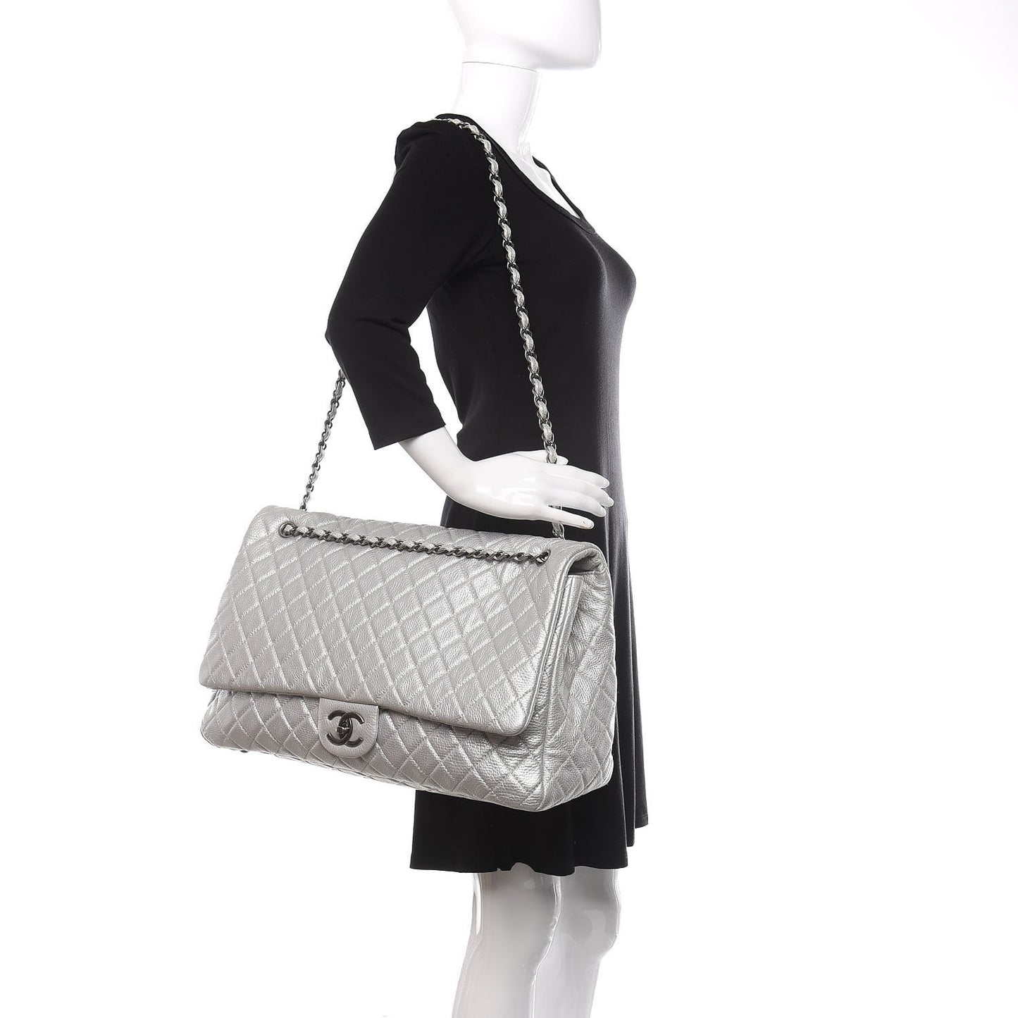 Metallic Calfskin Quilted XXL Travel Flap Bag Silver