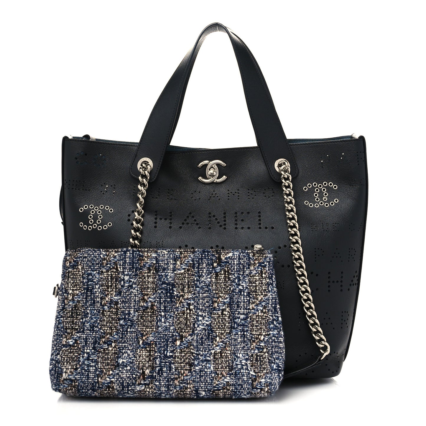 Calfskin Tweed Small Logo Eyelets Shopping Tote Black