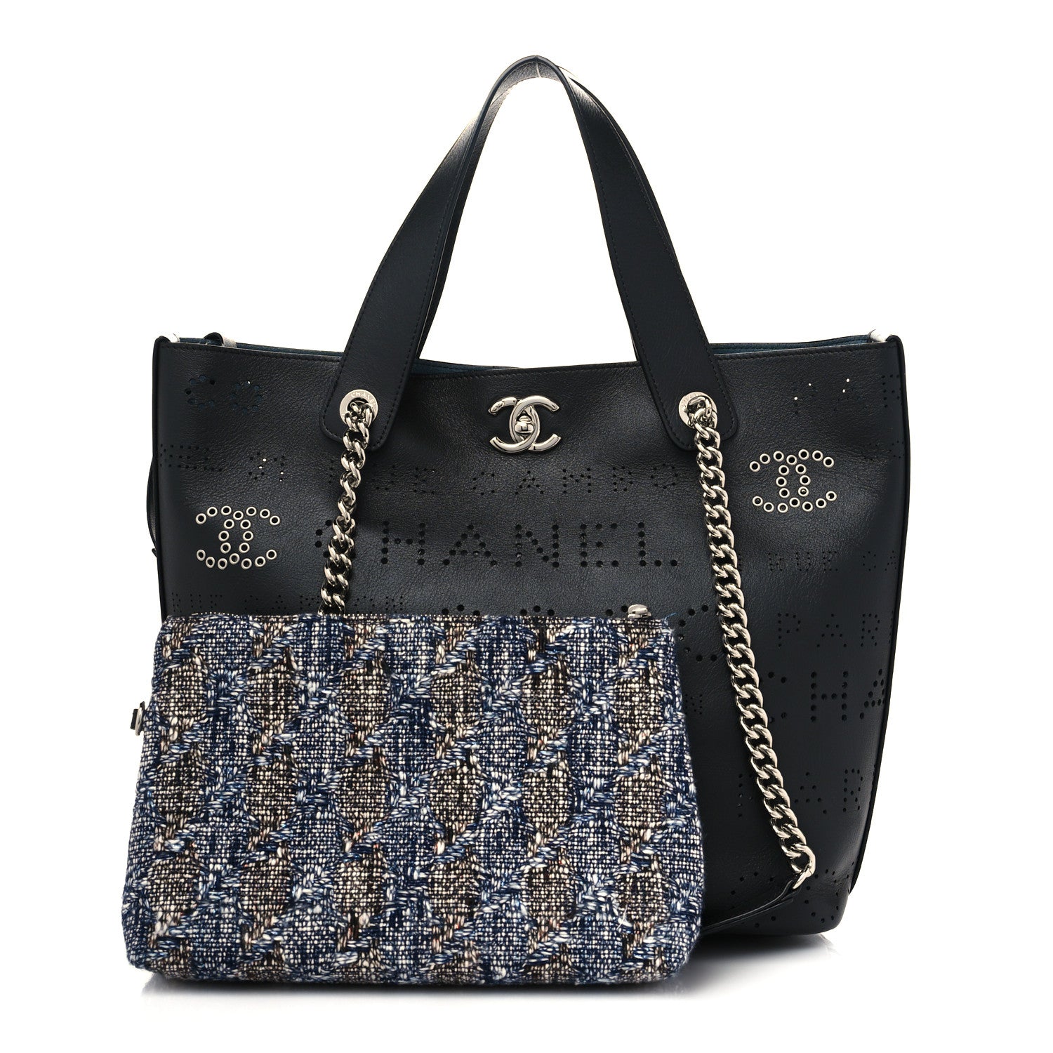 Chanel Calfskin Tweed Small Logo Eyelets Shopping Tote Black 1 of 10