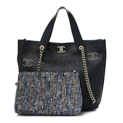 Chanel Calfskin Tweed Small Logo Eyelets Shopping Tote Black 1 of 10