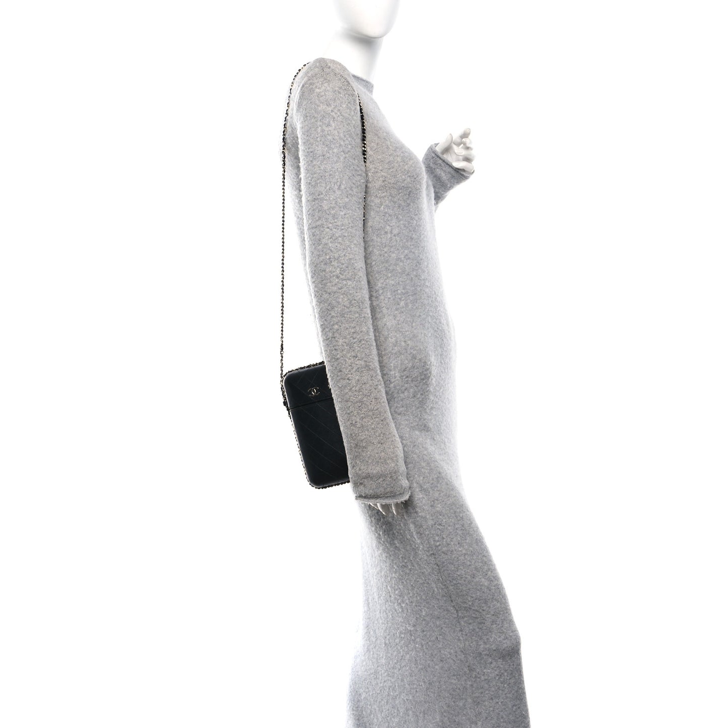 Lambskin Quilted Chain Around Phone Holder Black