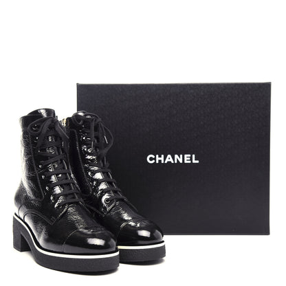 Chanel Shiny Crumpled Lambskin Lace Up Combat Boots 42 Black 11 of 11