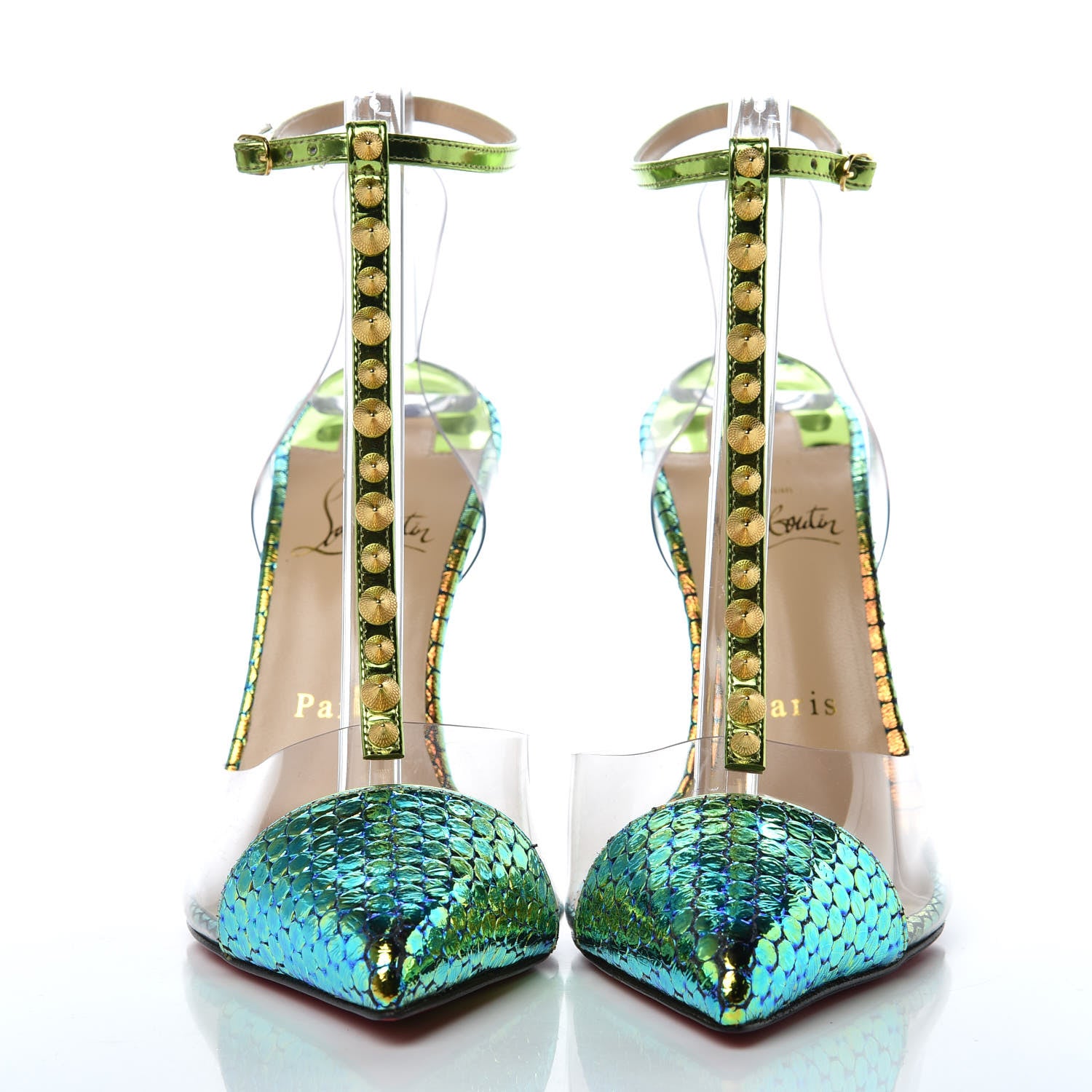 Christian Louboutin Specchio Ruche PVC Nosy Spikes 100 Pumps 38.5 Taiga 2 of 7