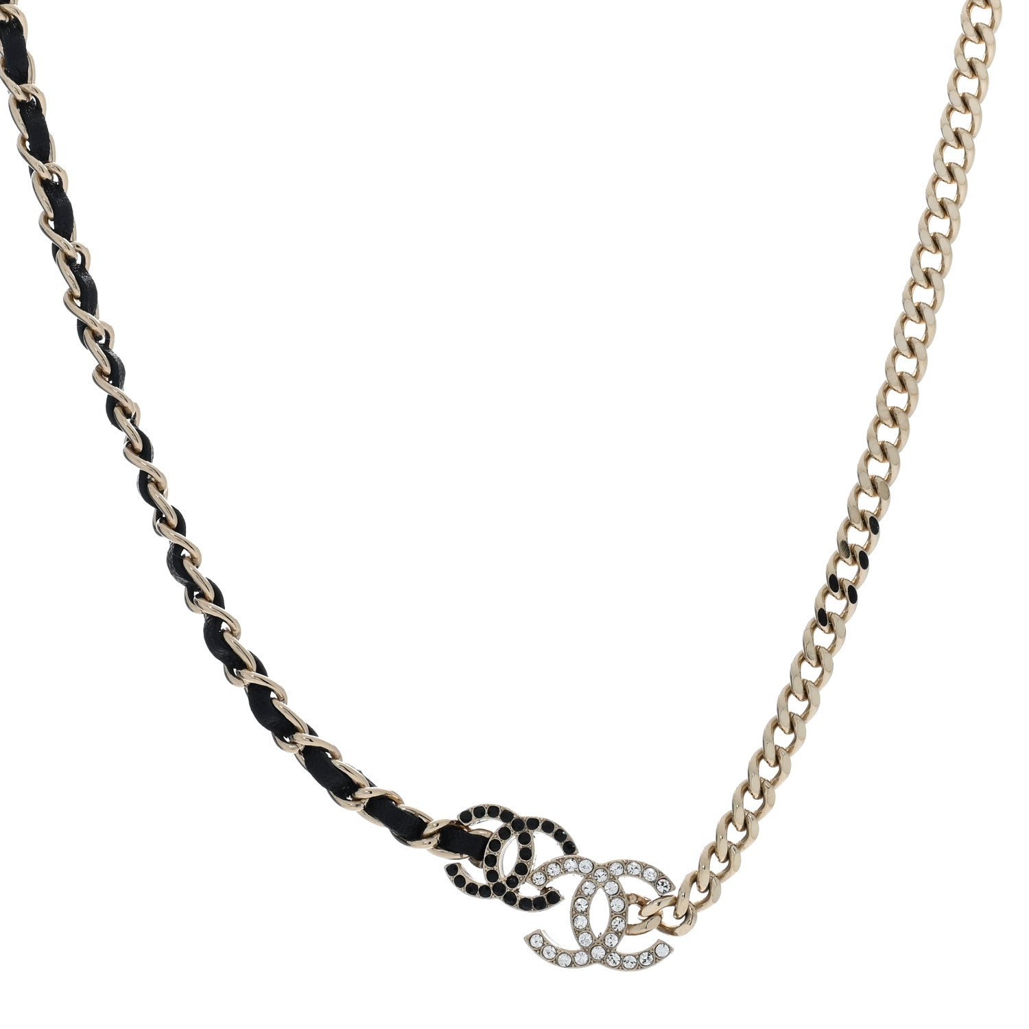 Chanel Metal Calfskin Crystal Double CC Short Necklace Black Gold 1 of 5
