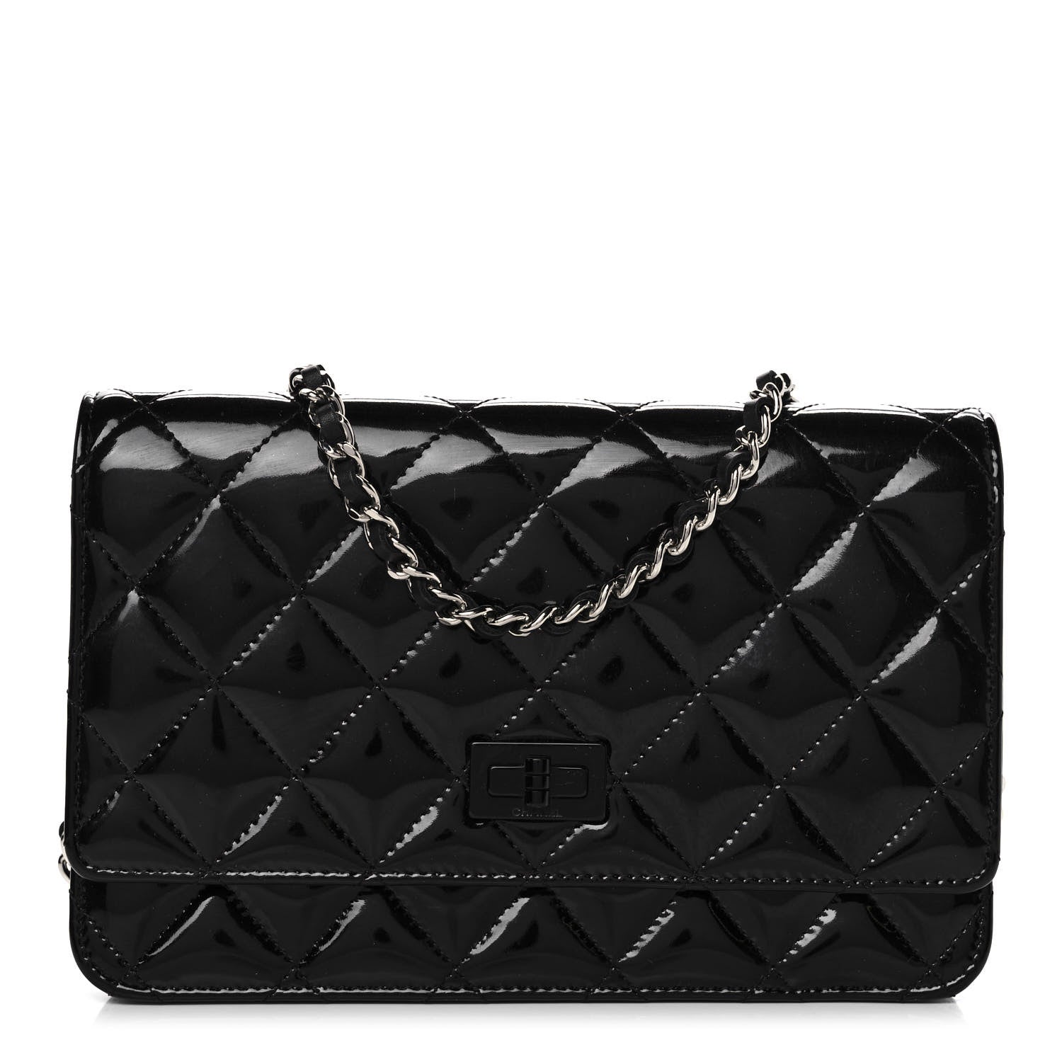 Chanel Patent Calfskin Quilted Reissue Wallet On Chain WOC Black 1 of 11