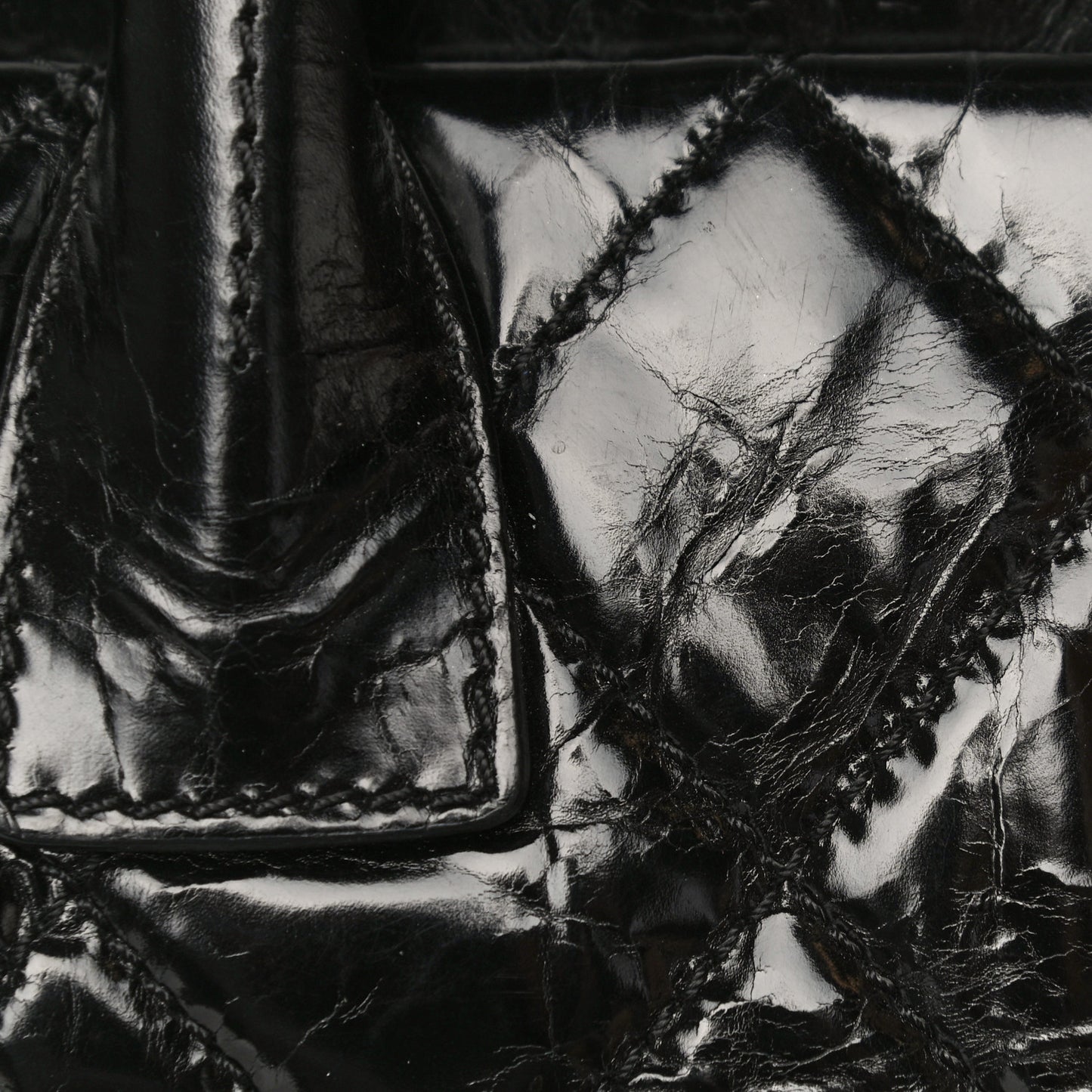 Glazed Calfskin Quilted Large New Portobello Tote Black