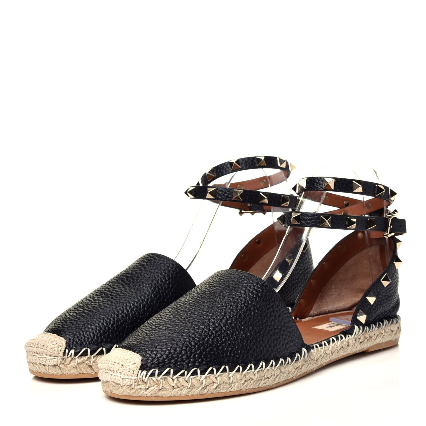 Grained Calfskin Rockstud Ankle Wrap Espadrille 20mm Flats 40 Black Light Cuir Natural