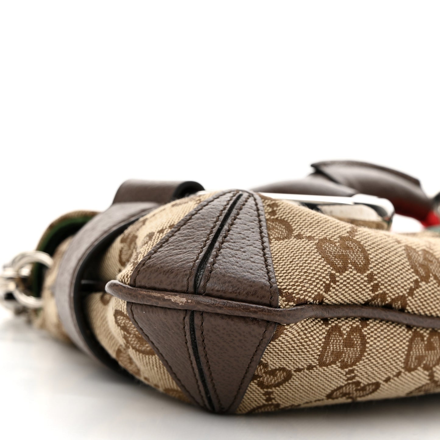 Monogram Textured Dollar Calfskin Heavy Grosgrain Web Medium Maxi Horsebit Chain Shoulder Bag Beige Ebony New Acero