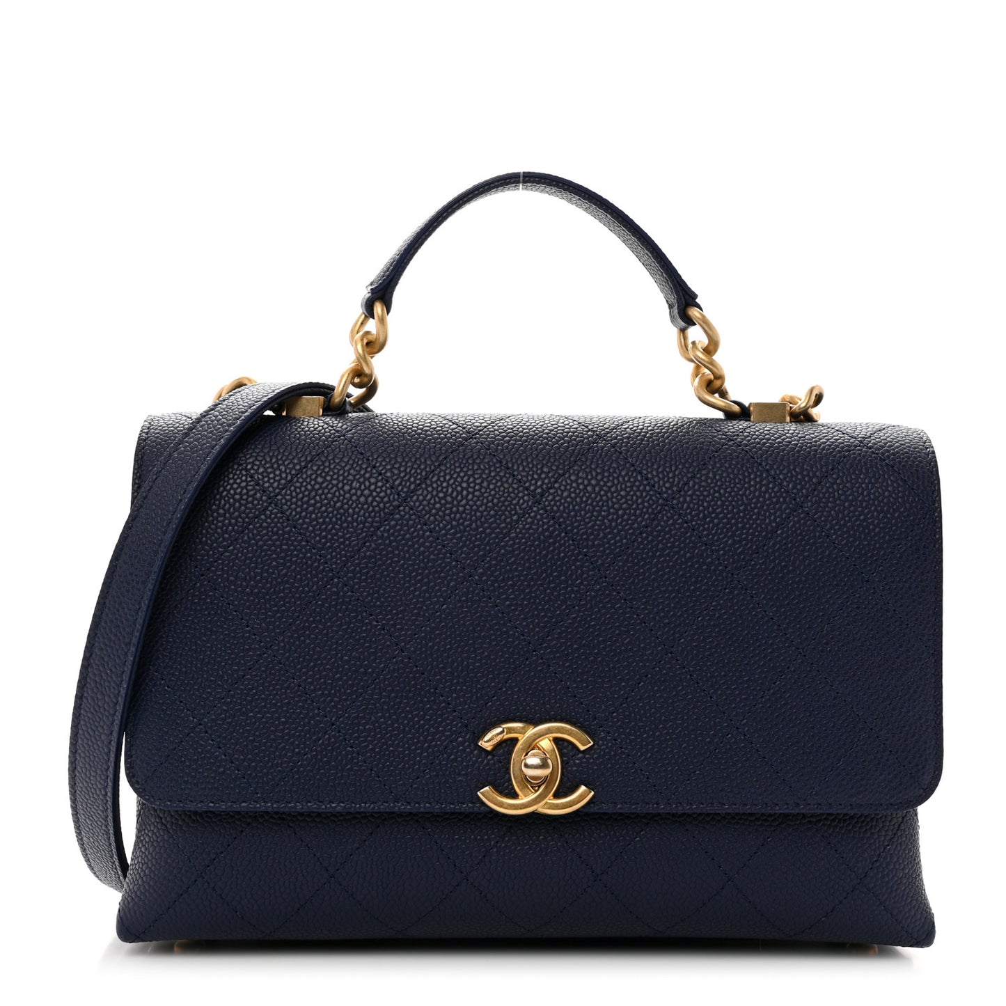 Grained Calfskin Small Stitched Flap Navy Blue
