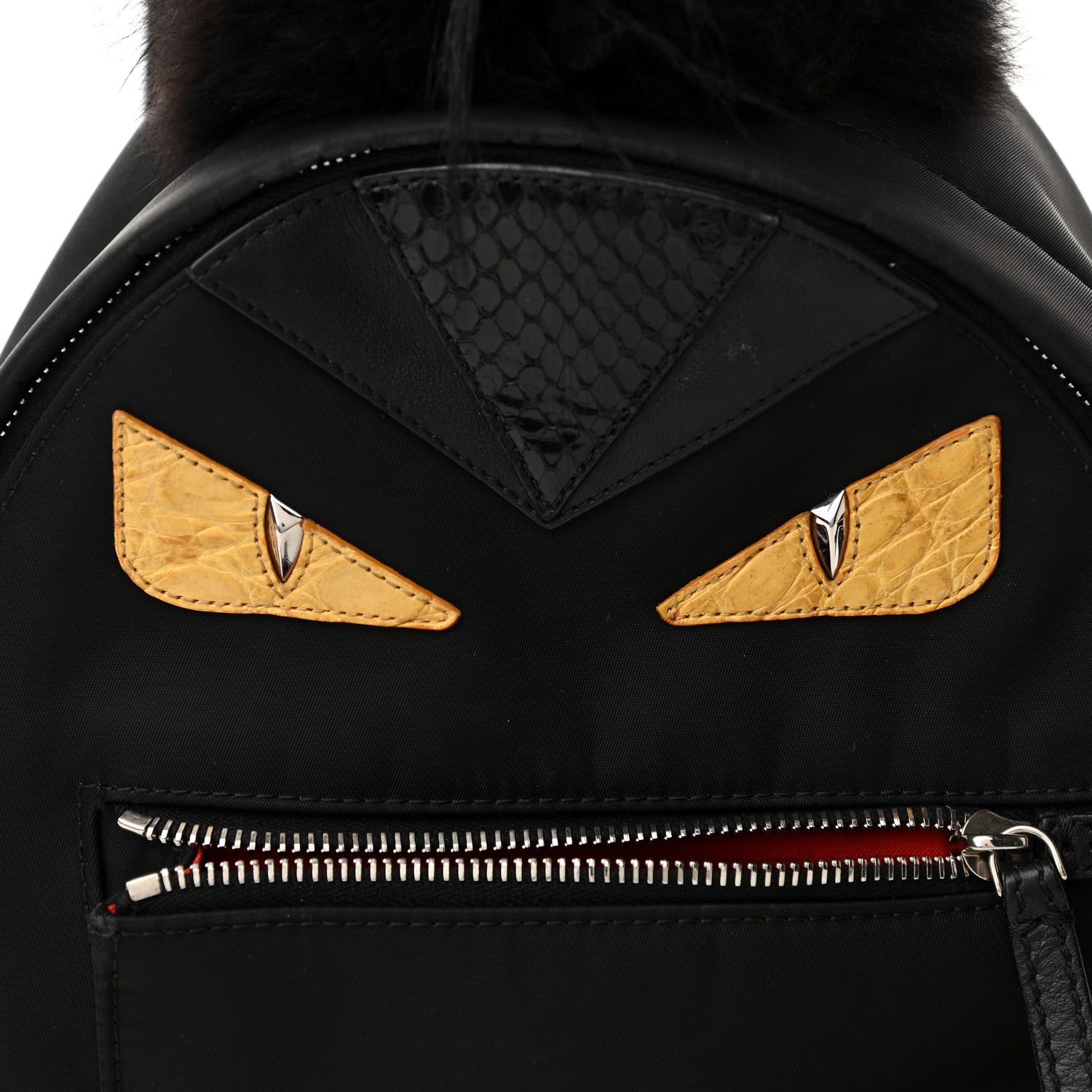 Fendi Nylon Vitello Dolce Goat Fox Fur Crocodile Monster Eyes Mini Backpack Black Sunflower 7 of 9