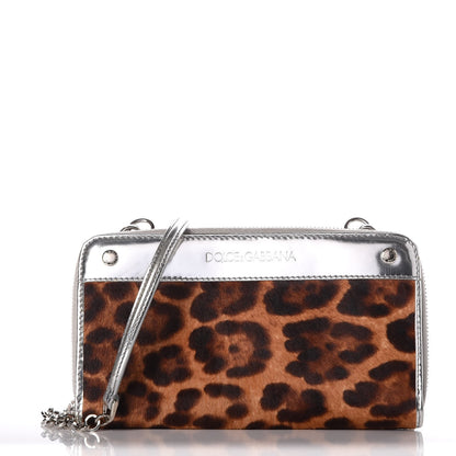 Dolce & Gabbana Metallic Patent Calf Hair Zip Around Wallet on Chain Silver Leopard 1 of 8