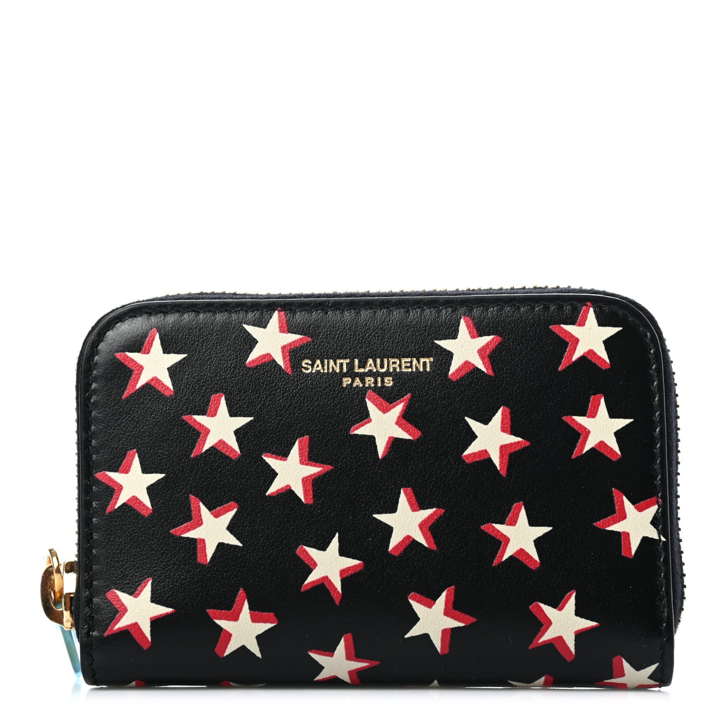 Saint Laurent Calfskin Star Print Compact Zip Coin Purse Black Ivory Red 1 of 6