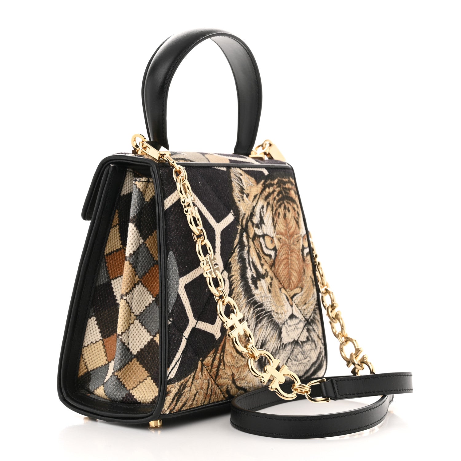 Salvatore Ferragamo Canvas Calfskin Tiger Print Gancini Small 2-Way Iconic Top Handle Bag Black Multicolor 3 of 11