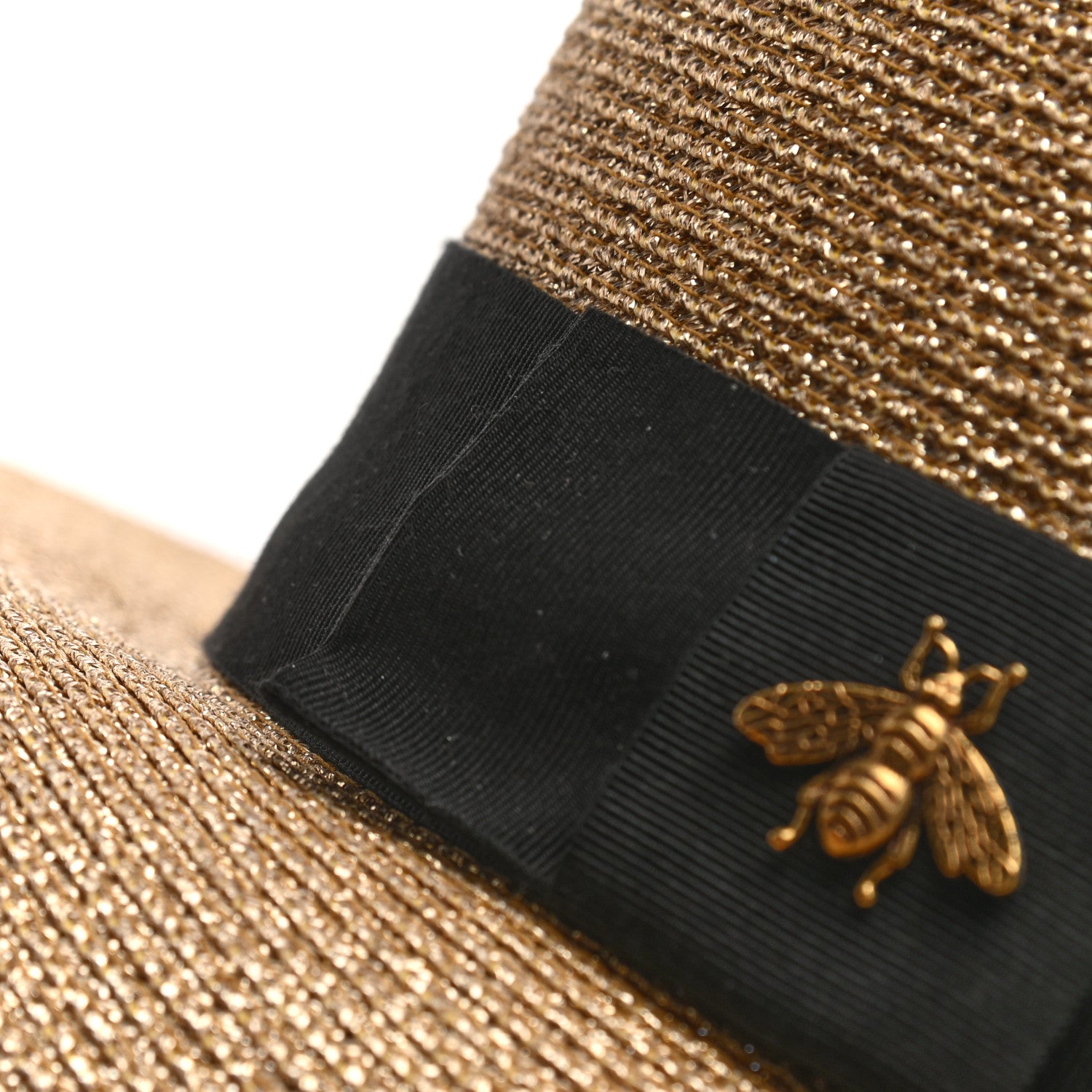 Gucci Glittered Straw Grosgrain Wide Brim Hat S Gold Black 11 of 12
