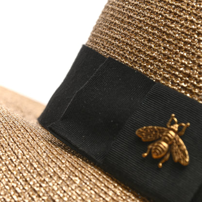 Gucci Glittered Straw Grosgrain Wide Brim Hat S Gold Black 11 of 12