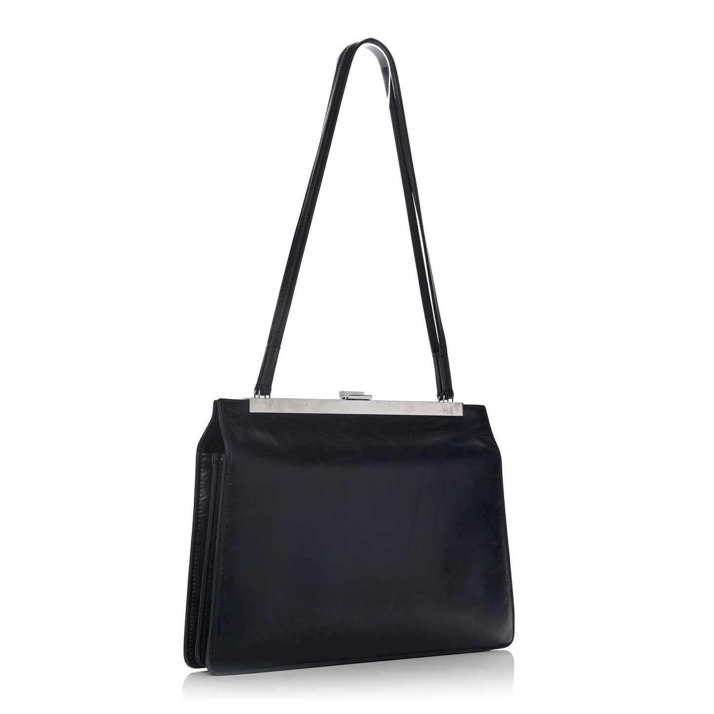 Shiny Paperweight Calfskin Medium Clasp Shoulder Bag Navy Blue