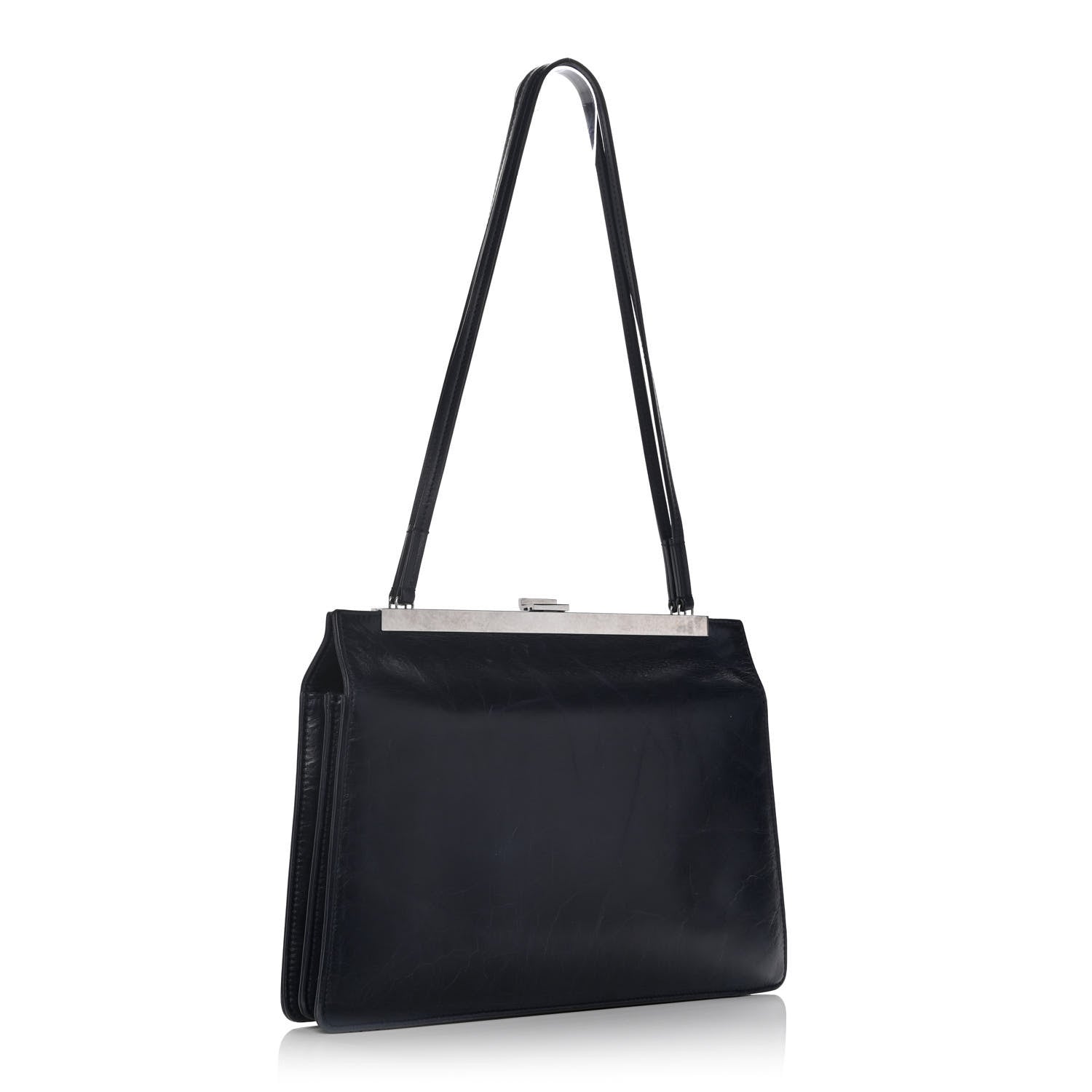 Celine Shiny Paperweight Calfskin Medium Clasp Shoulder Bag Navy Blue 3 of 14