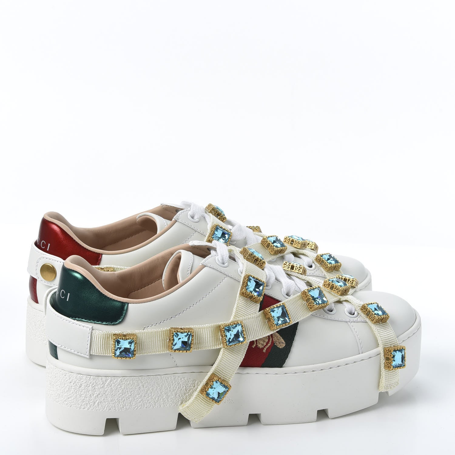 Gucci Calfskin Removable Crystals Bee Embroidered Womens Ace Platform Sneakers 35.5 White 4 of 10
