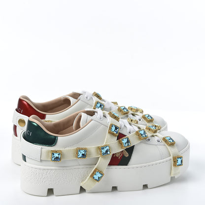 Gucci Calfskin Removable Crystals Bee Embroidered Womens Ace Platform Sneakers 35.5 White 4 of 10