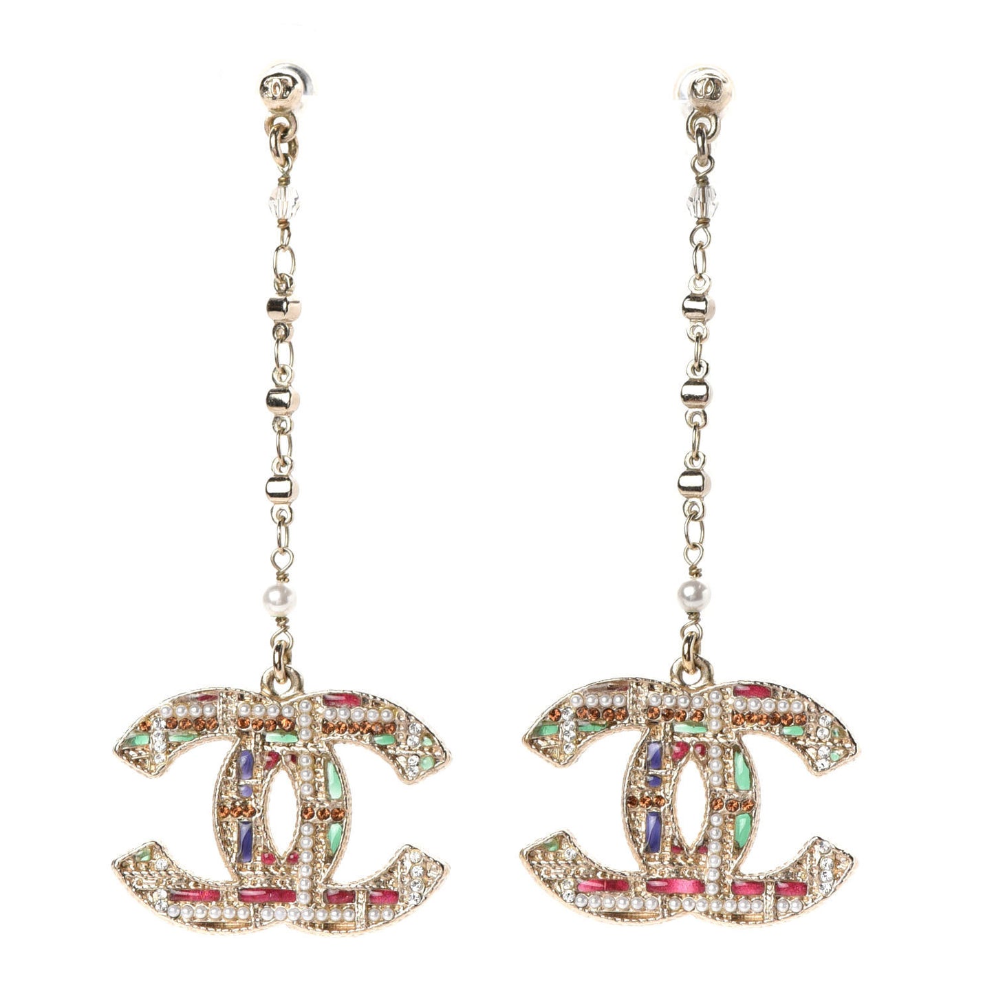Pearl Crystal CC Tweed Drop Earrings Gold Brown Green