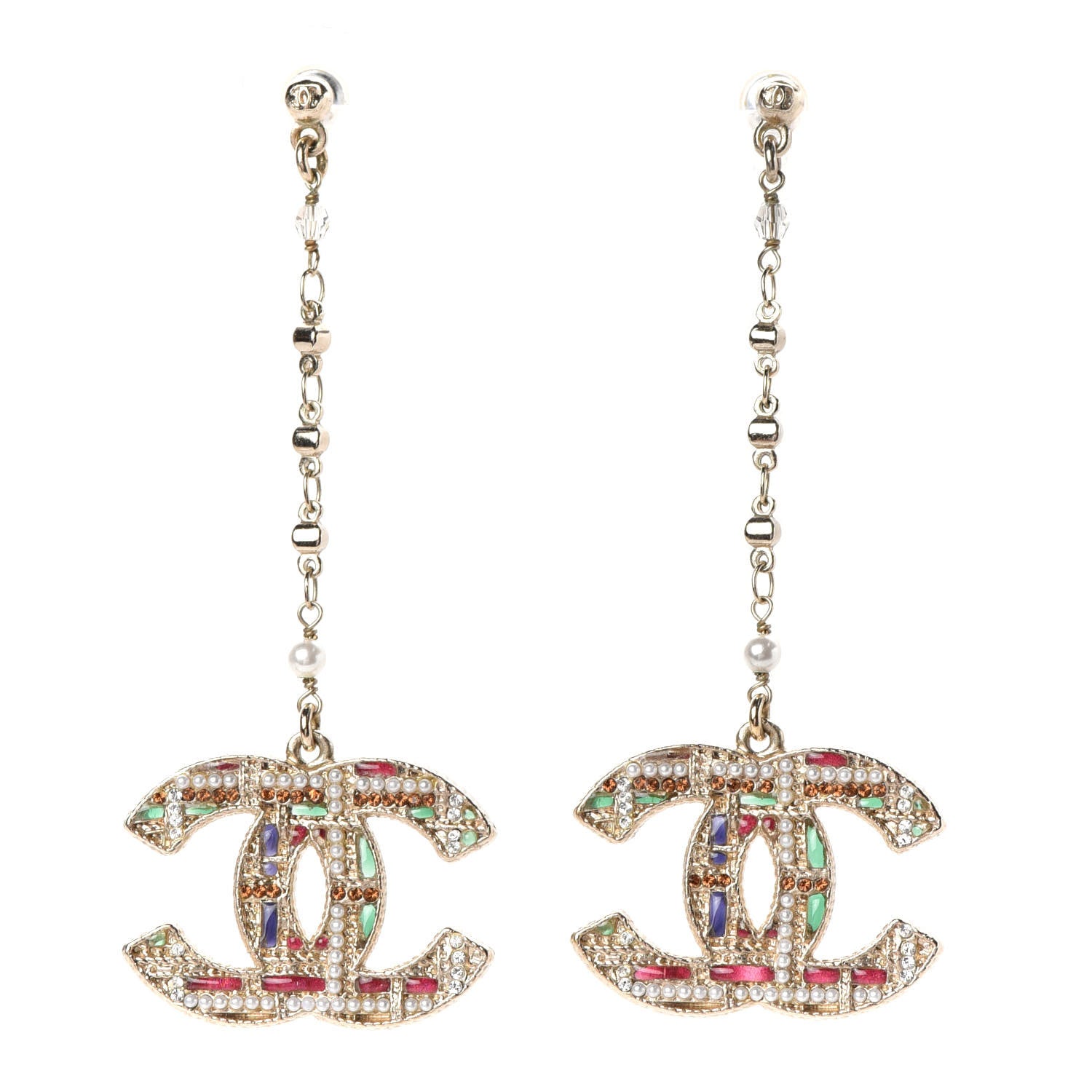 Chanel Pearl Crystal CC Tweed Drop Earrings Gold Brown Green 1 of 3