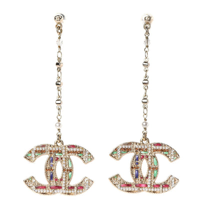 Chanel Pearl Crystal CC Tweed Drop Earrings Gold Brown Green 1 of 3