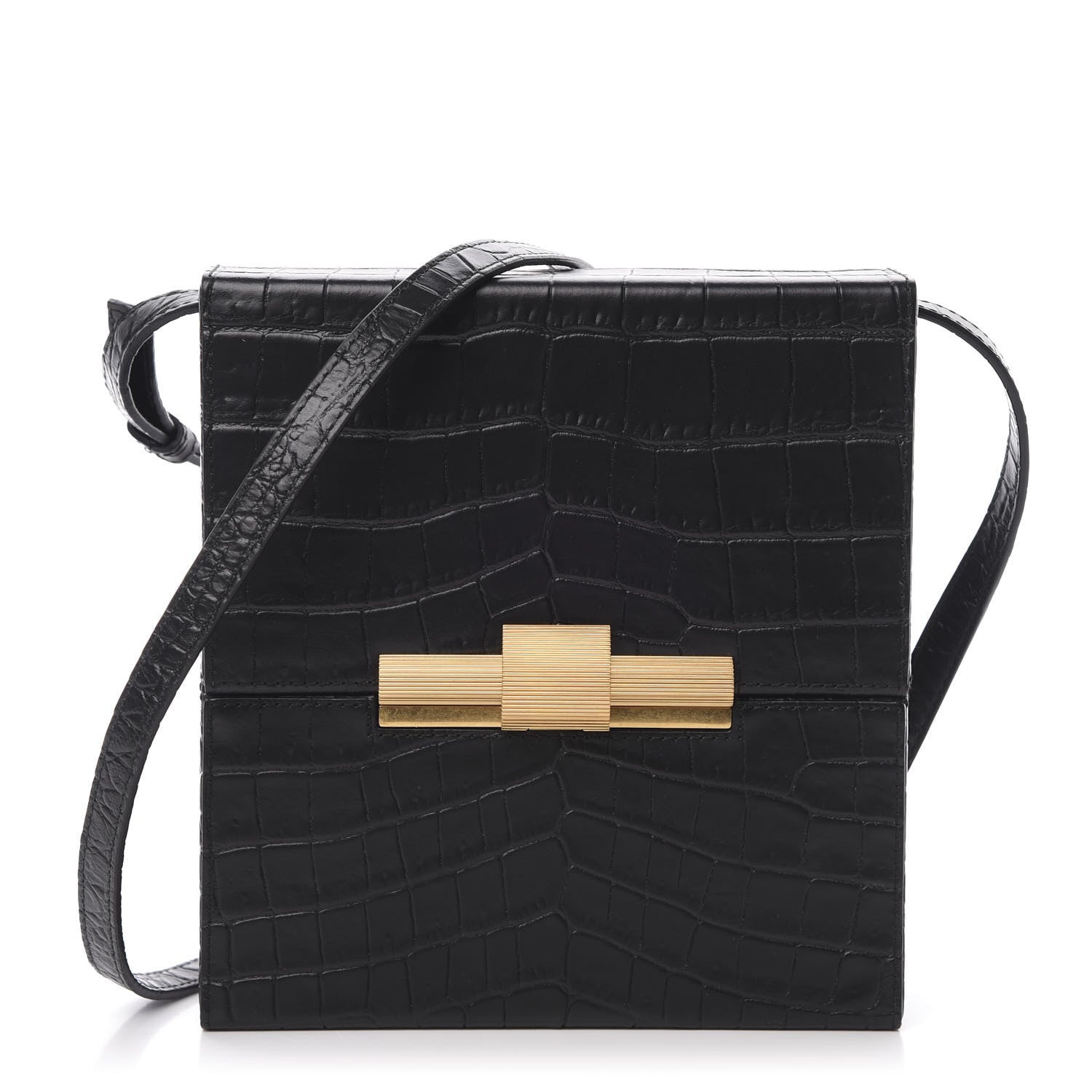 Bottega Veneta Calfskin Crocodile Embossed Daisey Box Clutch Black 1 of 11