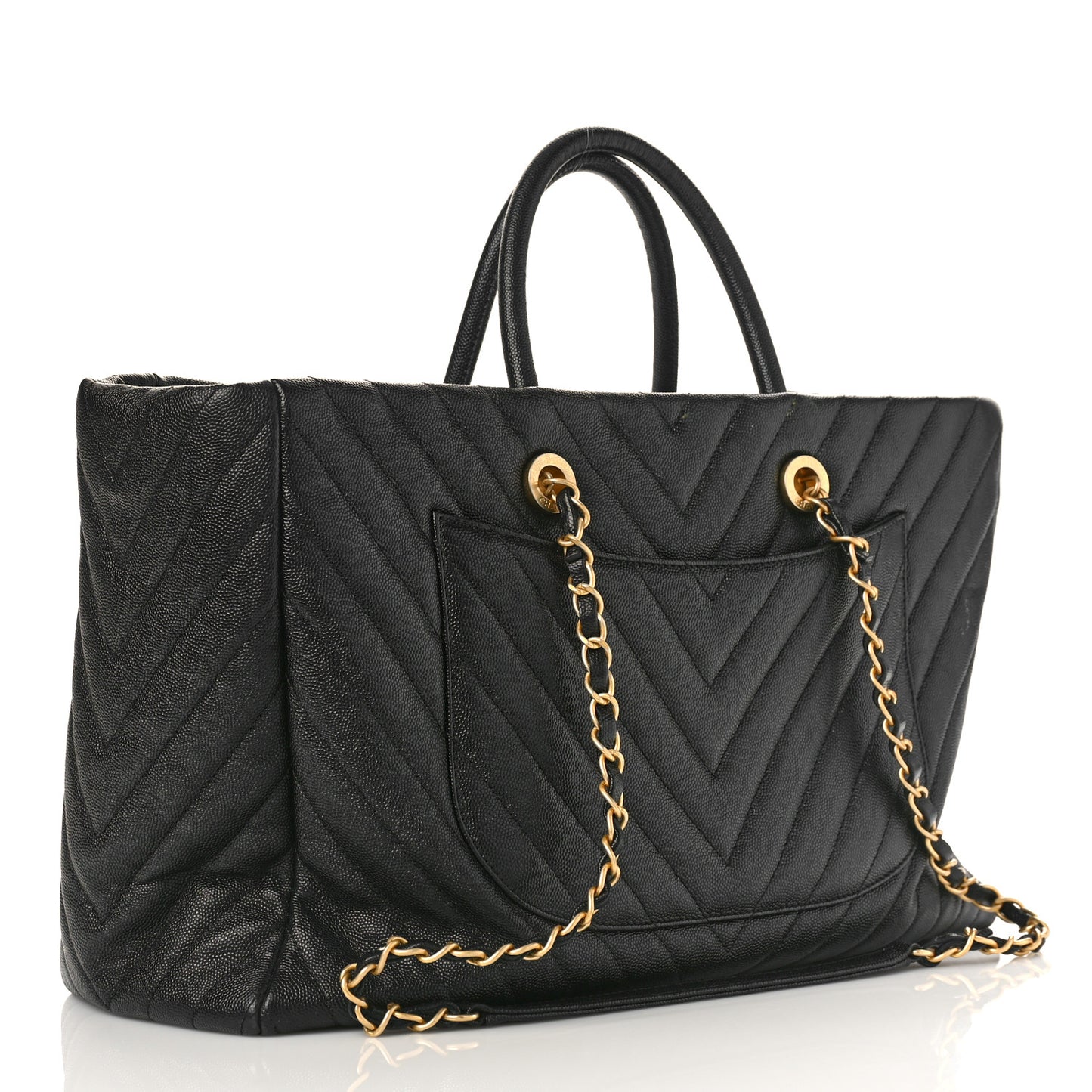 Caviar Chevron Quilted Coco Handle Shopping Tote Black